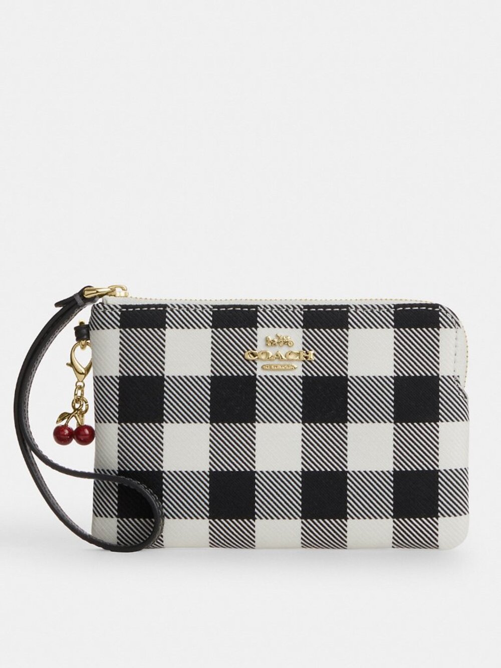 Coach Corner Zip Wristlet With Gingham Print And Charm